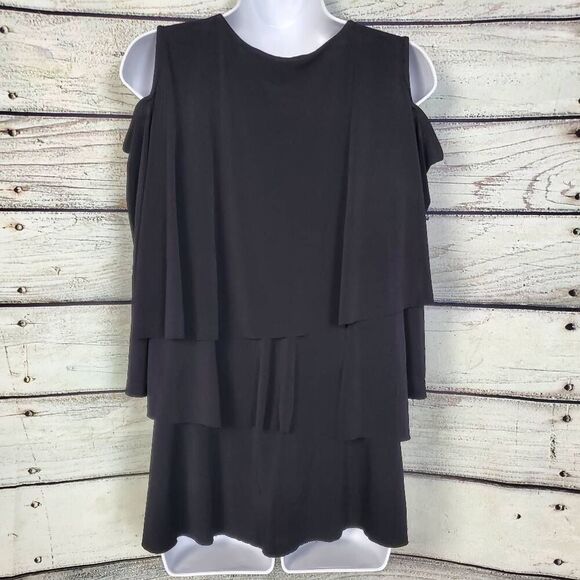Susan Graver Black Cold Shoulder Tiered Ruffle Tunic Top Size M - Picture 3 of 6